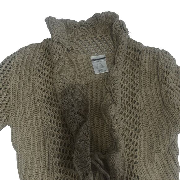 Y2K Ruffle Tan Tie Front Cardigan Midi Length Medium - Picture 8 of 9